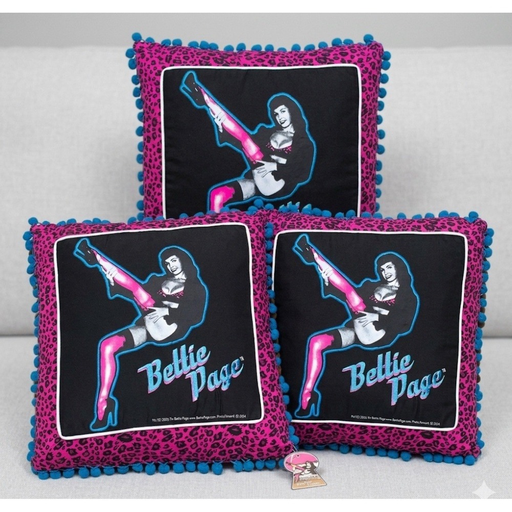 Lot Of 3 Bettie Page Pillows Pink Leopard Print Blue Tassels 14x14‎ Betty Decor